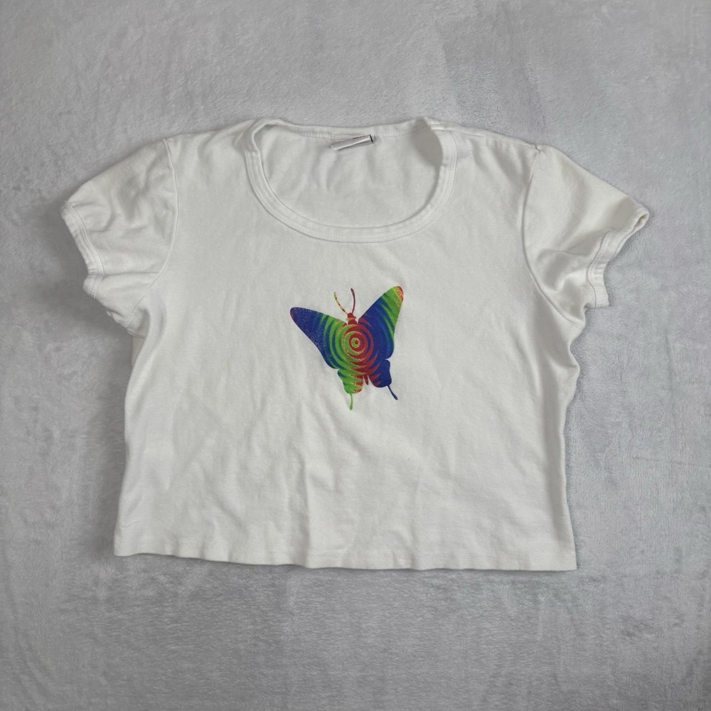 VTG Girl Rebel Rainbow Butterfly White Short Sleeve Crop Top‎ Women's Medium